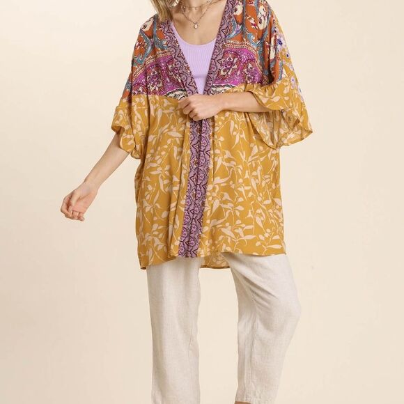 Umgee Boho Mixed Print Kimono Cardigan Paisley & Floral Gold Light Layer S M L - Picture 3 of 8